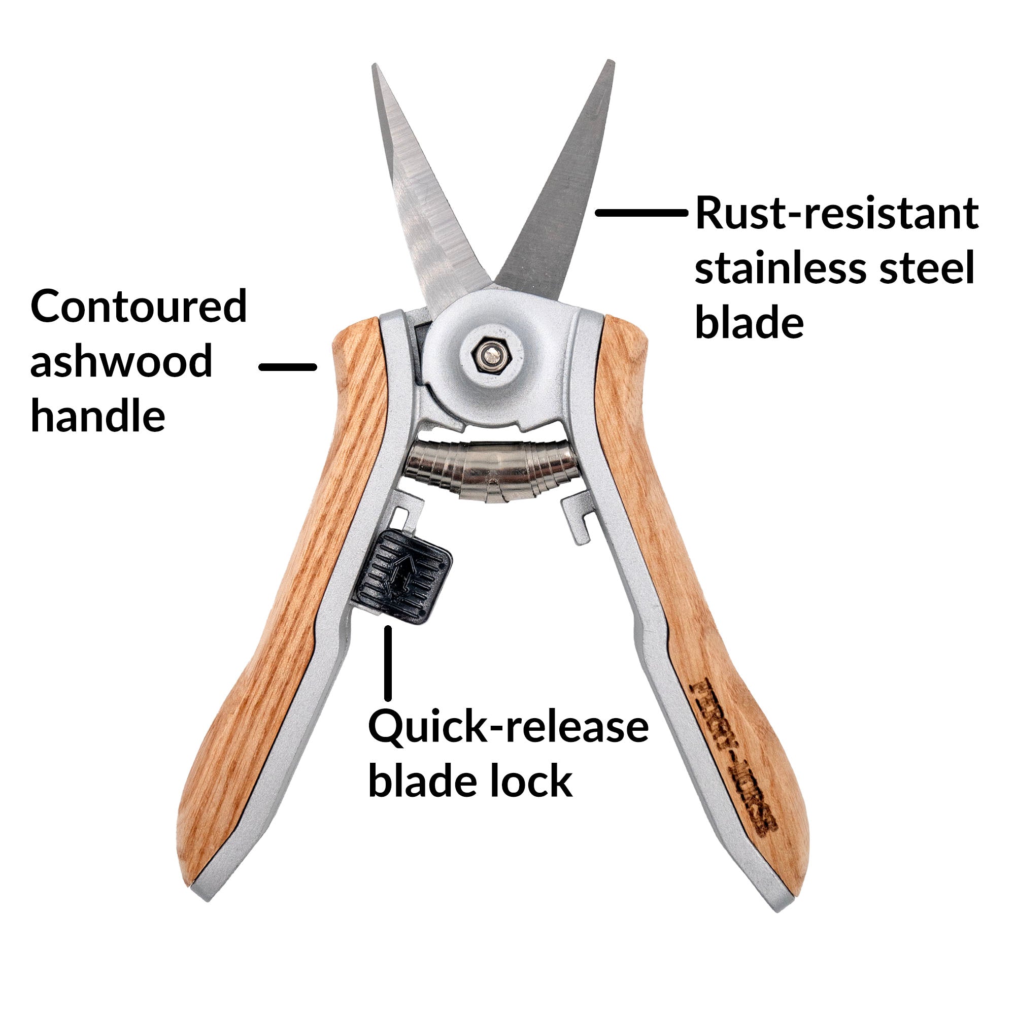 A pair of Ferry-Morse premium pruning garden snips with stainless steel blades and an ash wood handle.